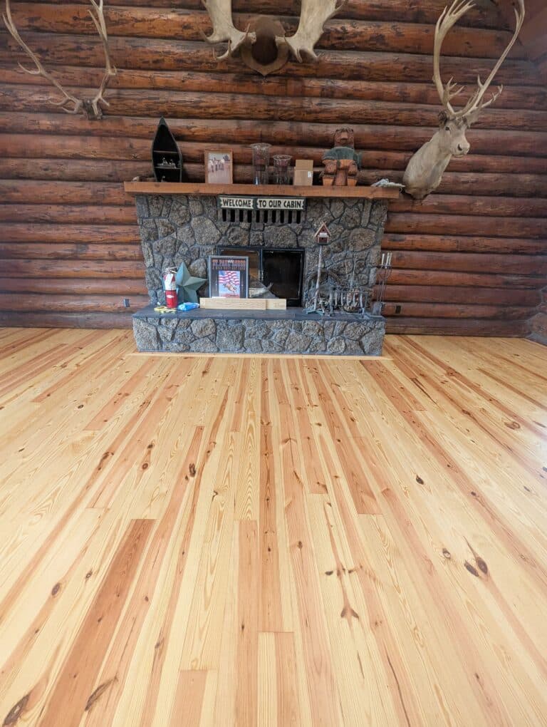 Refinished fir hardwood flooring in a rustic home in Woodburn, Oregon.